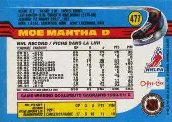 1991-92 O-Pee-Chee NHL # 477 Moe Mantha 1