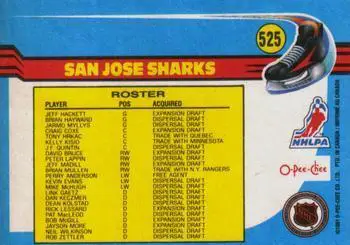 1991-92 O-Pee-Chee NHL # 525 San Jose Sharks 1