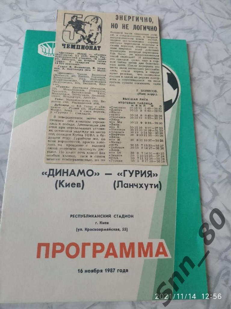 Динамо Киев - Гурия Ланчхути 16.11.1987 + статья