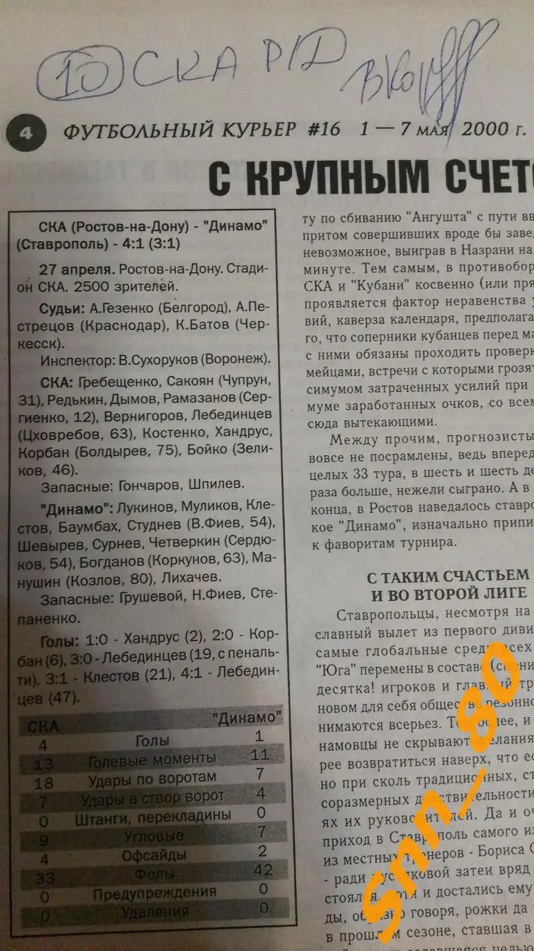 Футбольный курьер 2000 №16 Ростов-на-Дону +Автографы А.С.Тумасян +В.Н.Корбан СКА 1