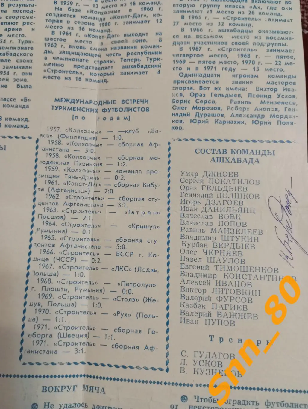 Шахтер Донецк - Строитель (Колхозчи) Ашхабад 1972 + Автограф К.Б.Бердыев 1