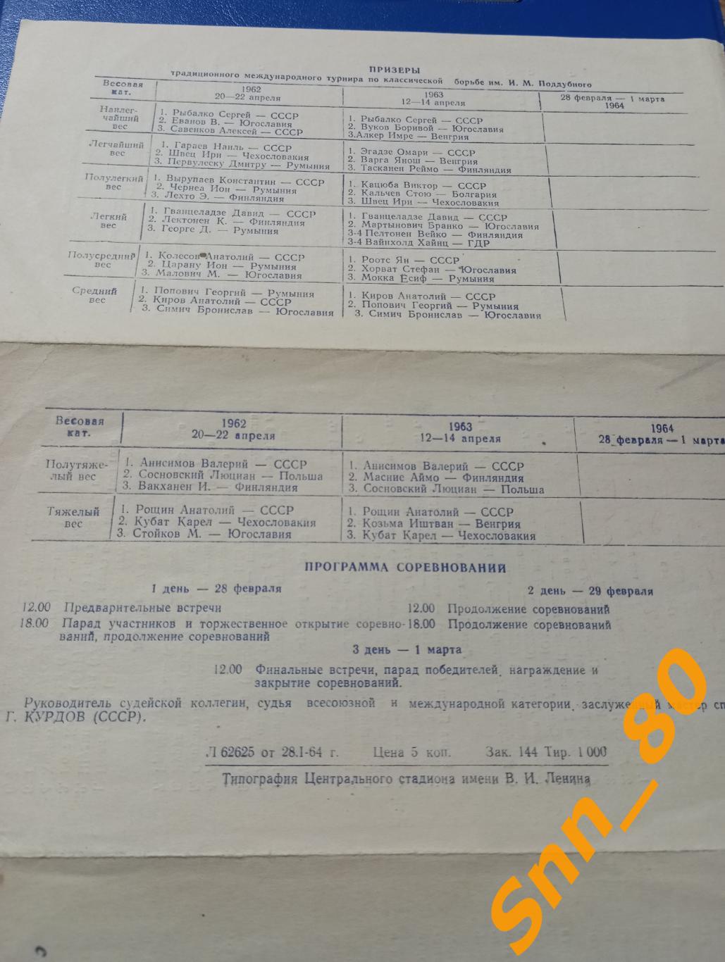 Классическая борьба Международный турнир памяти И.М.Поддубного 1964 Москва 1