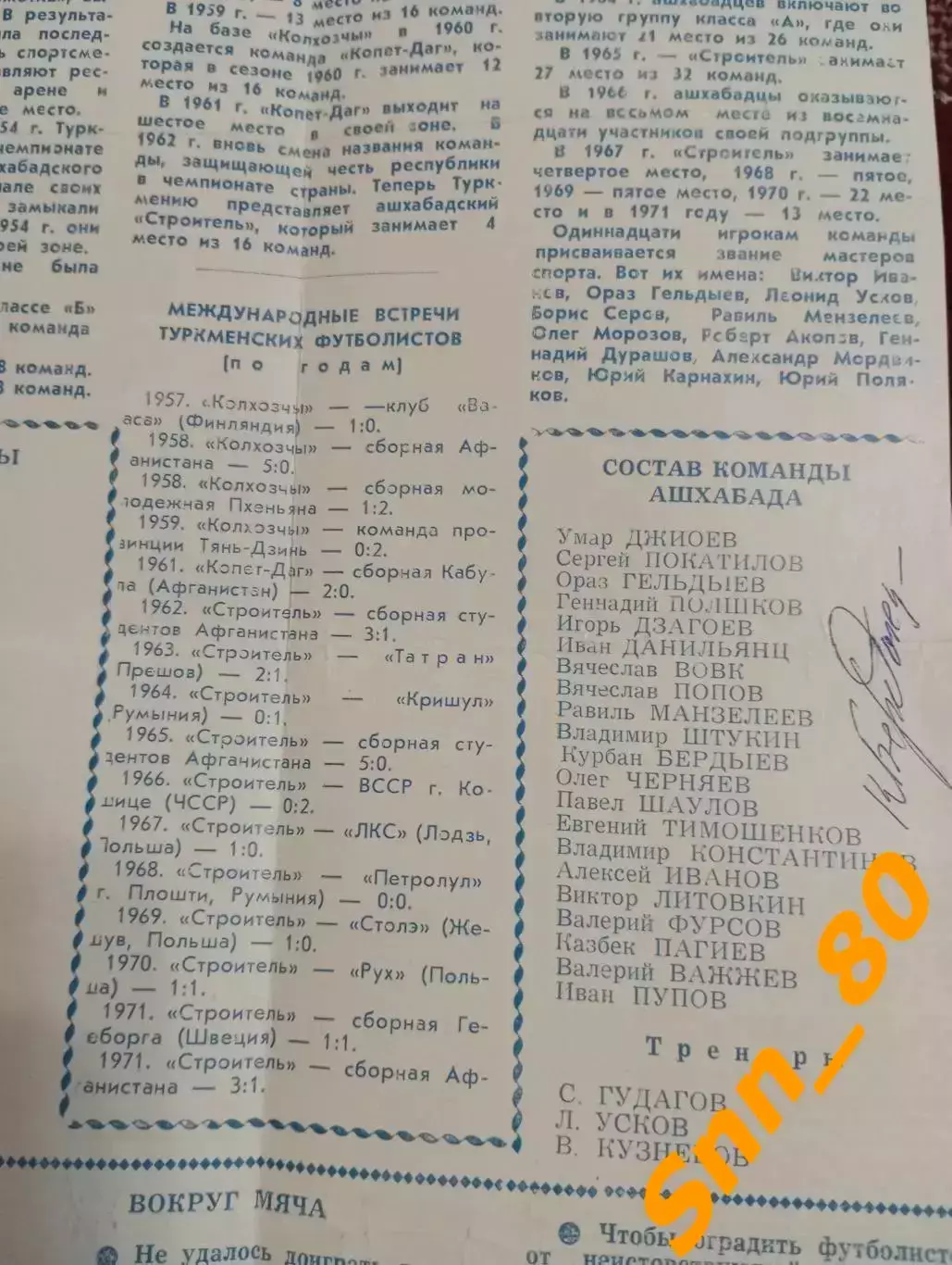 Шахтер Донецк - Строитель/ Колхозчи Ашхабад 1972 + Автограф К.Б.Бердыев 1