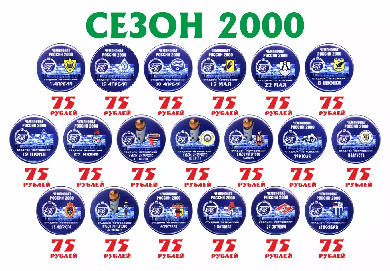 Закатные матчевые значки Зенит сезона 2000, новодел