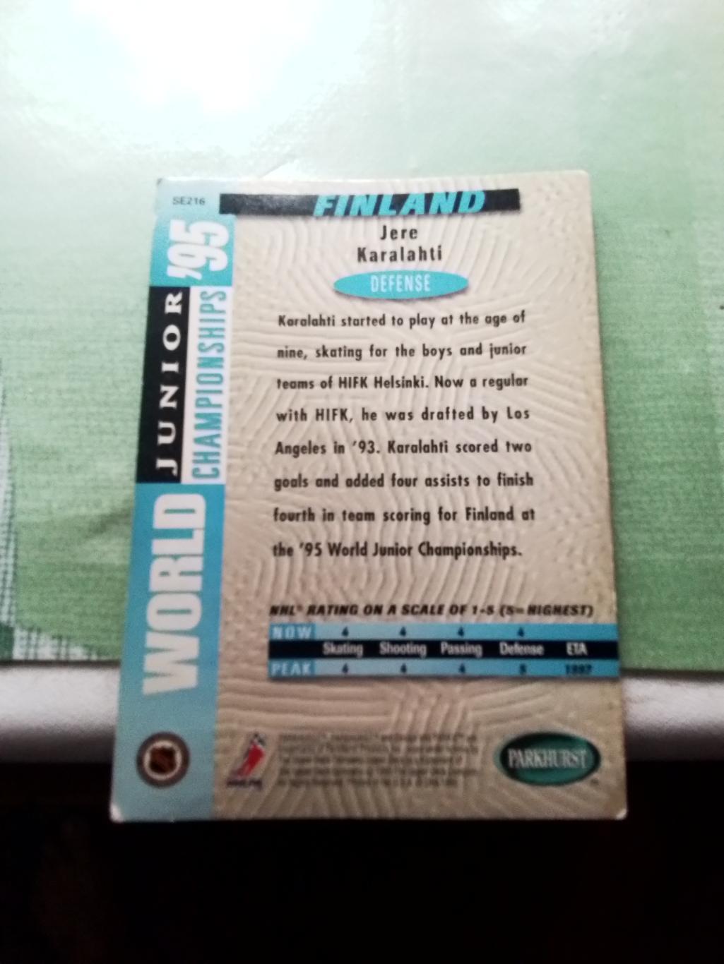 Хоккей Карточка НХЛ PARKHURST 1994 -95 NHL Jere Karalahti Finland # SE216 1