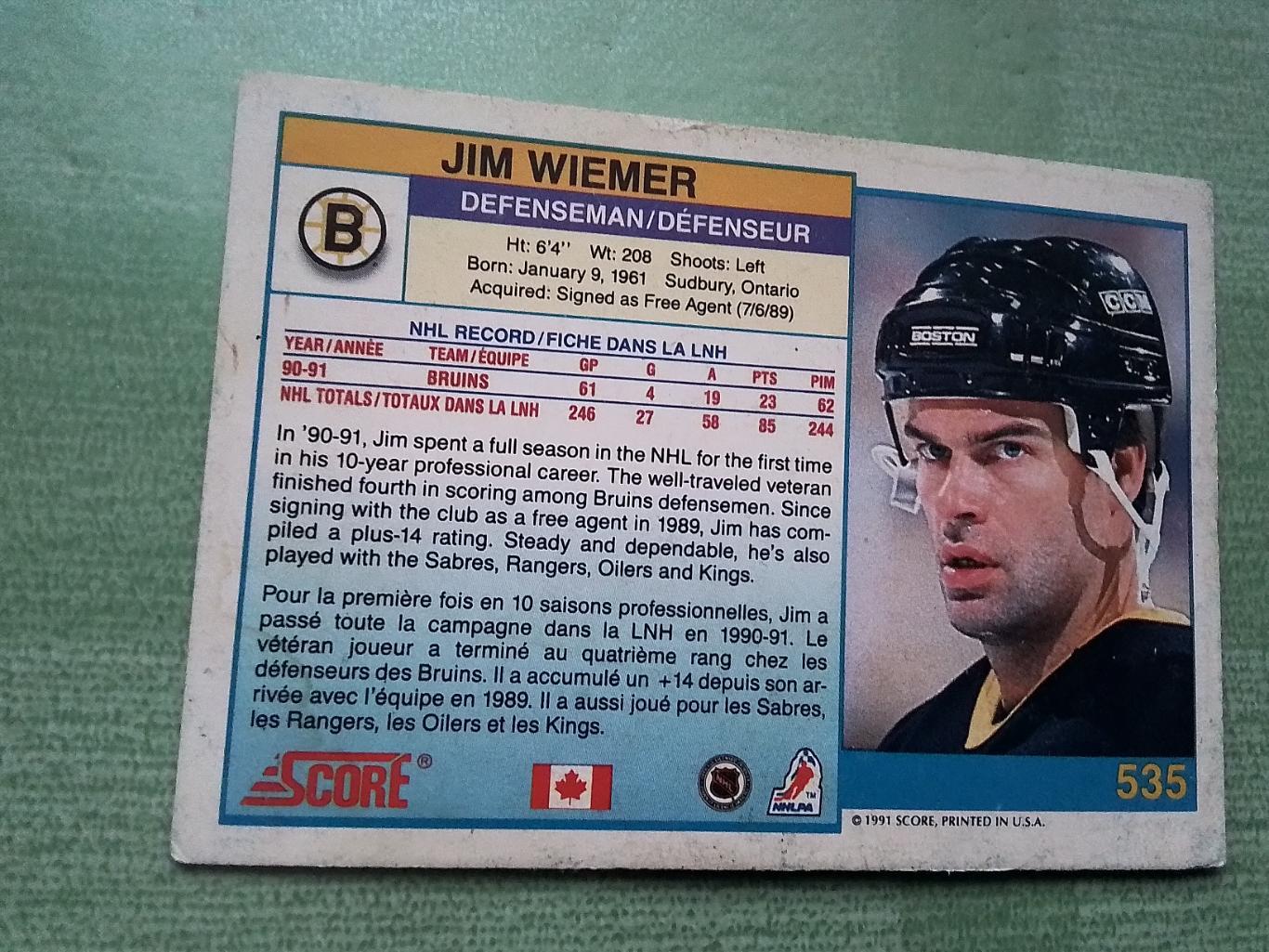 Хоккей Карточка НХЛ SCORE 91 1991 -92 NHL Jim Wiemer Boston Bruins # 535 1