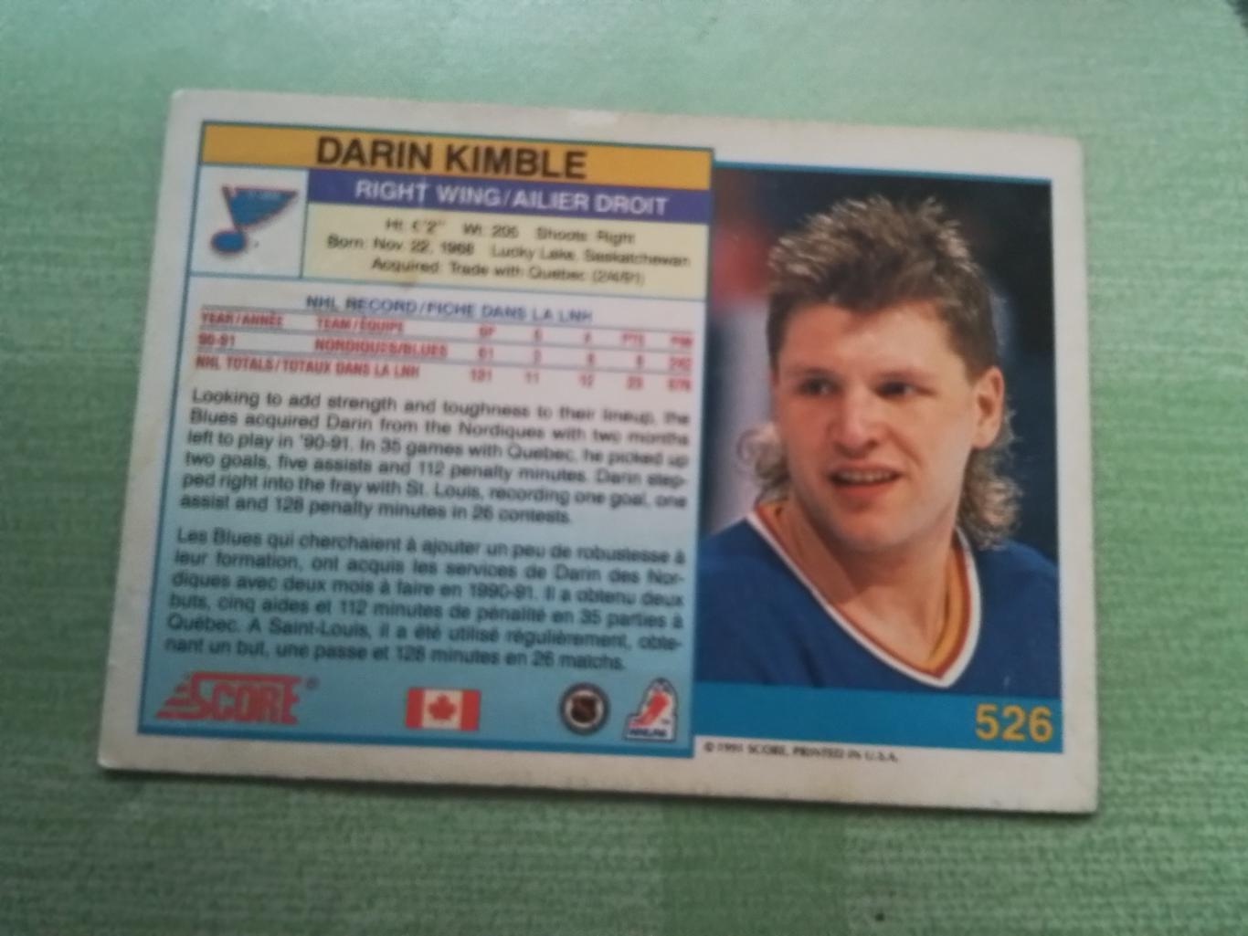 Хоккей Карточка НХЛ SCORE 91 1991 -92 NHL Darin Kimble Saint-Louis Blues # 526 1