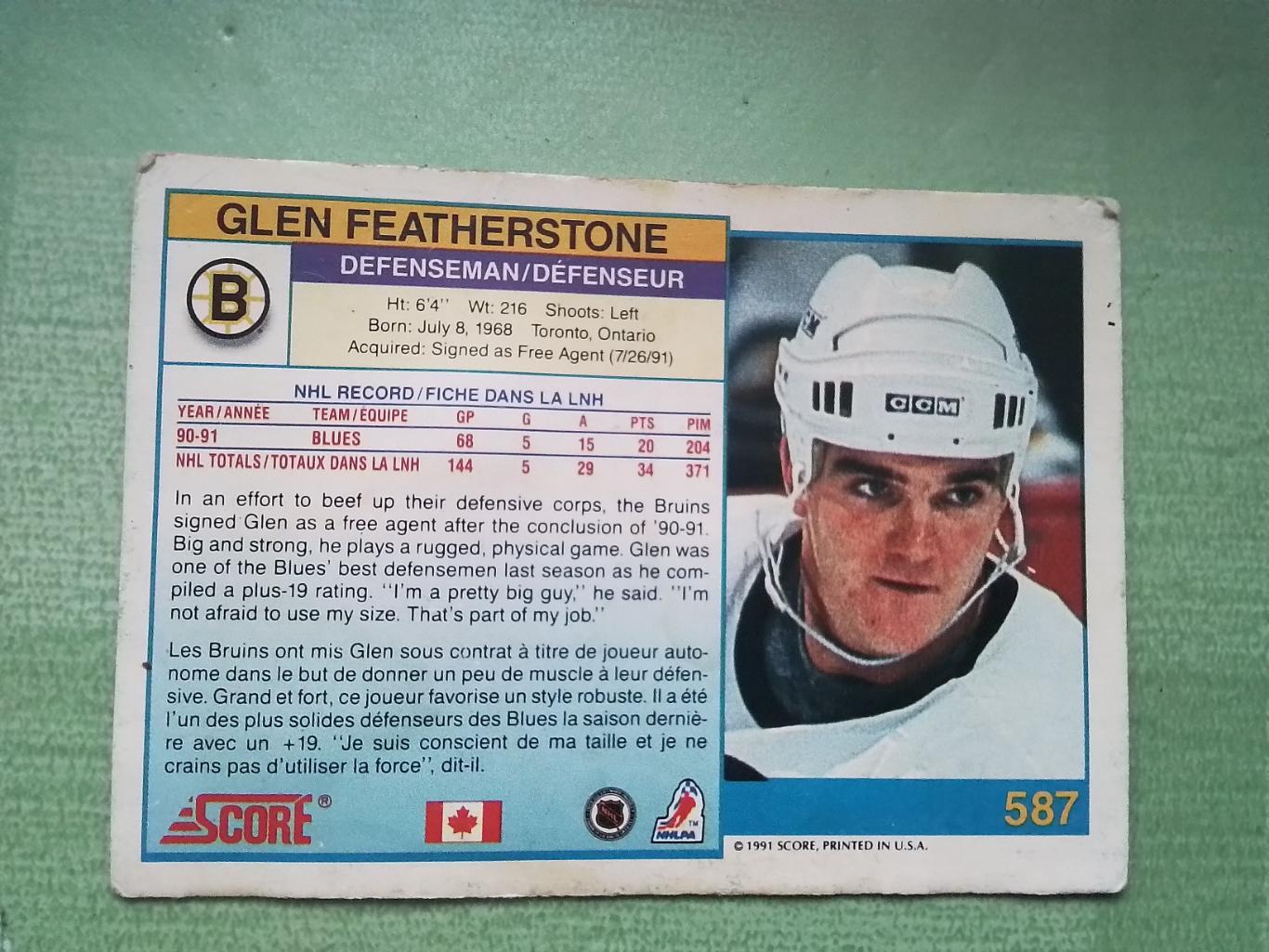 Хоккей Карточка НХЛ SCORE 91 1991 -92 NHL Glen Featherstone Boston Bruins # 587 1