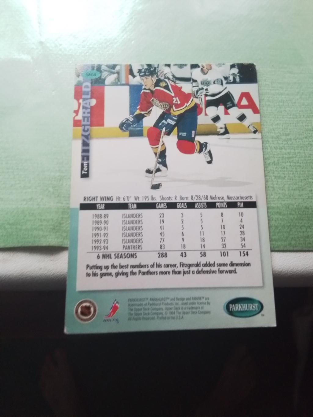 Хоккей Карточка НХЛ PARKHURST 1994 -95 NHL Tom Fizgerald Florida Panthers # SE64 1