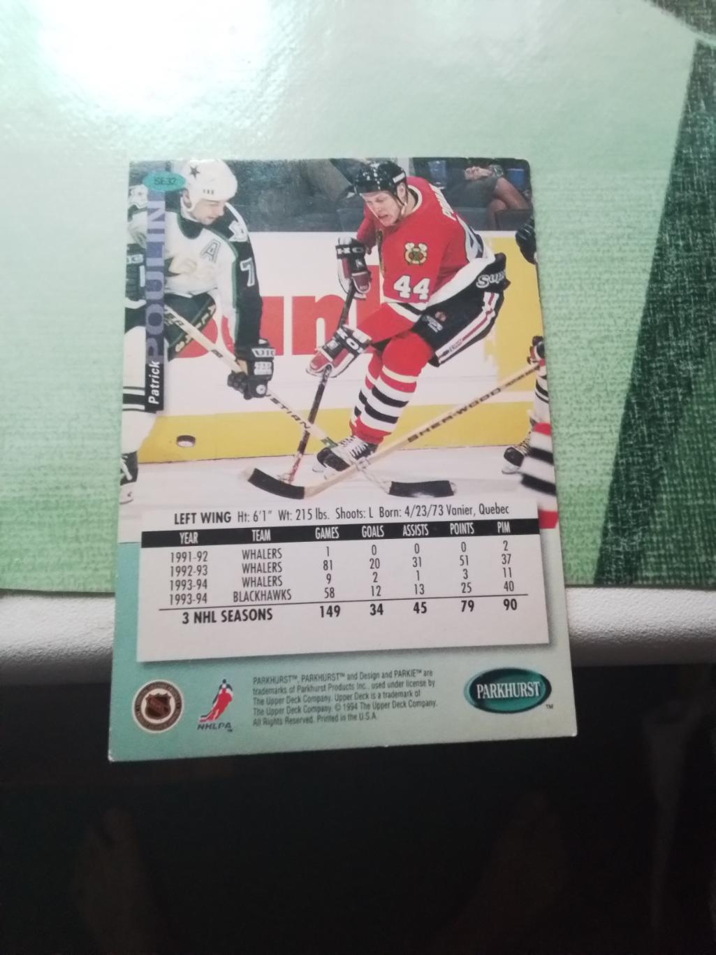 Хоккей Карточка НХЛ PARKHURST 1994 95 NHL Patrick Poulin Chicago Blackhawks SE32 1