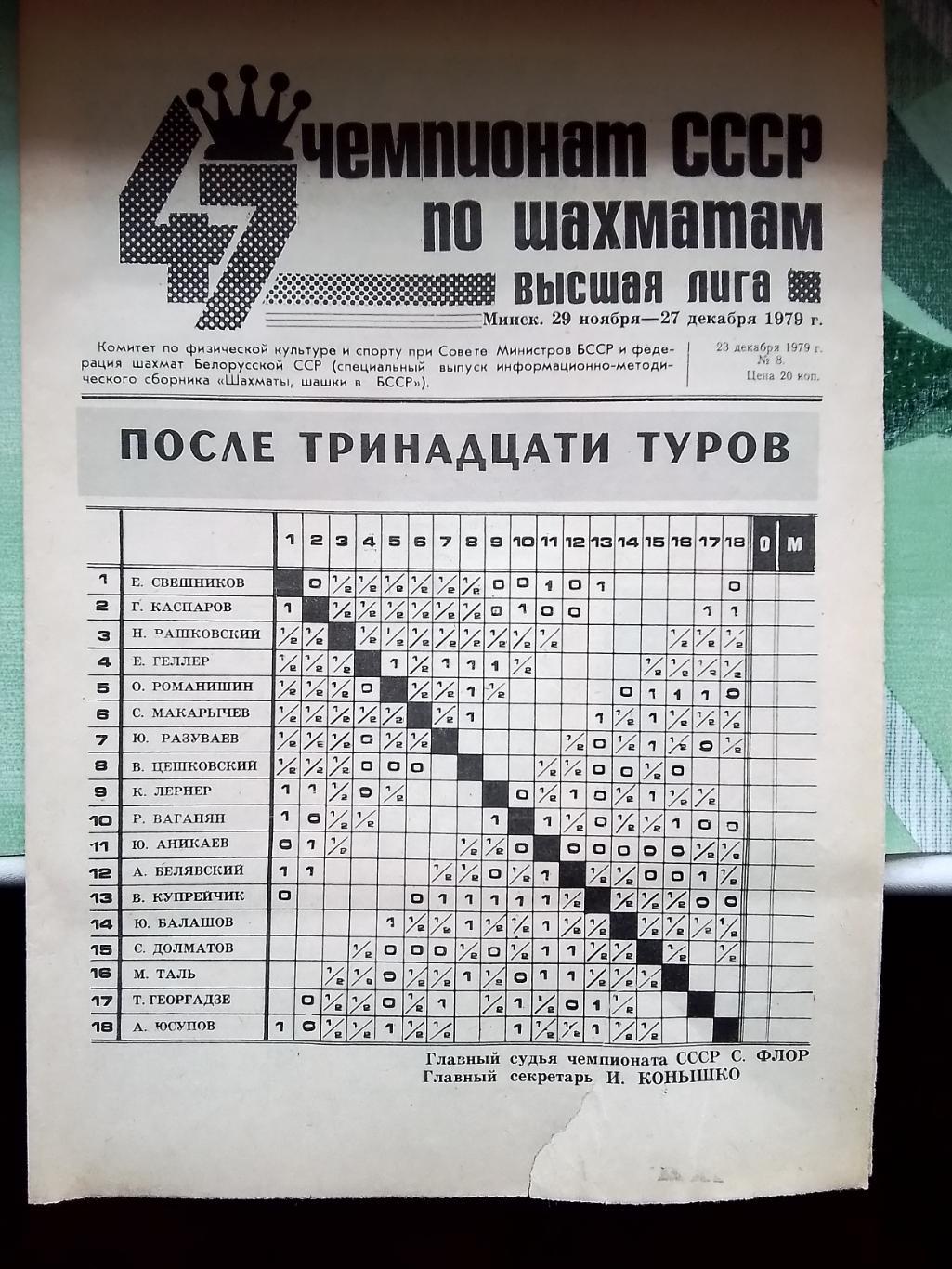 Программа - газета 47 чемпионат СССР Шахматы N 8 23.12. 1979 Минск