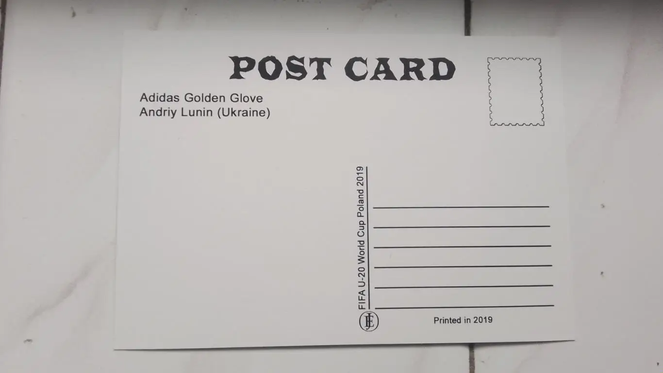 Открытка Андрей Лунин Реал Мадрид Украина с Кубком Мира U-20 2019 1