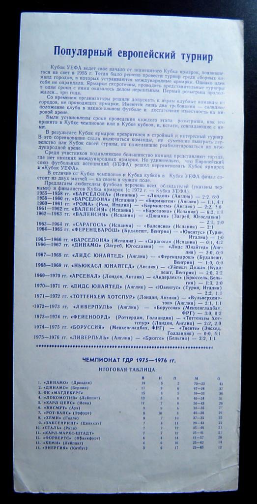 Шахтер Донецк - Динамо Берлин ГДР.1976 года. Кубок УЕФА. 2