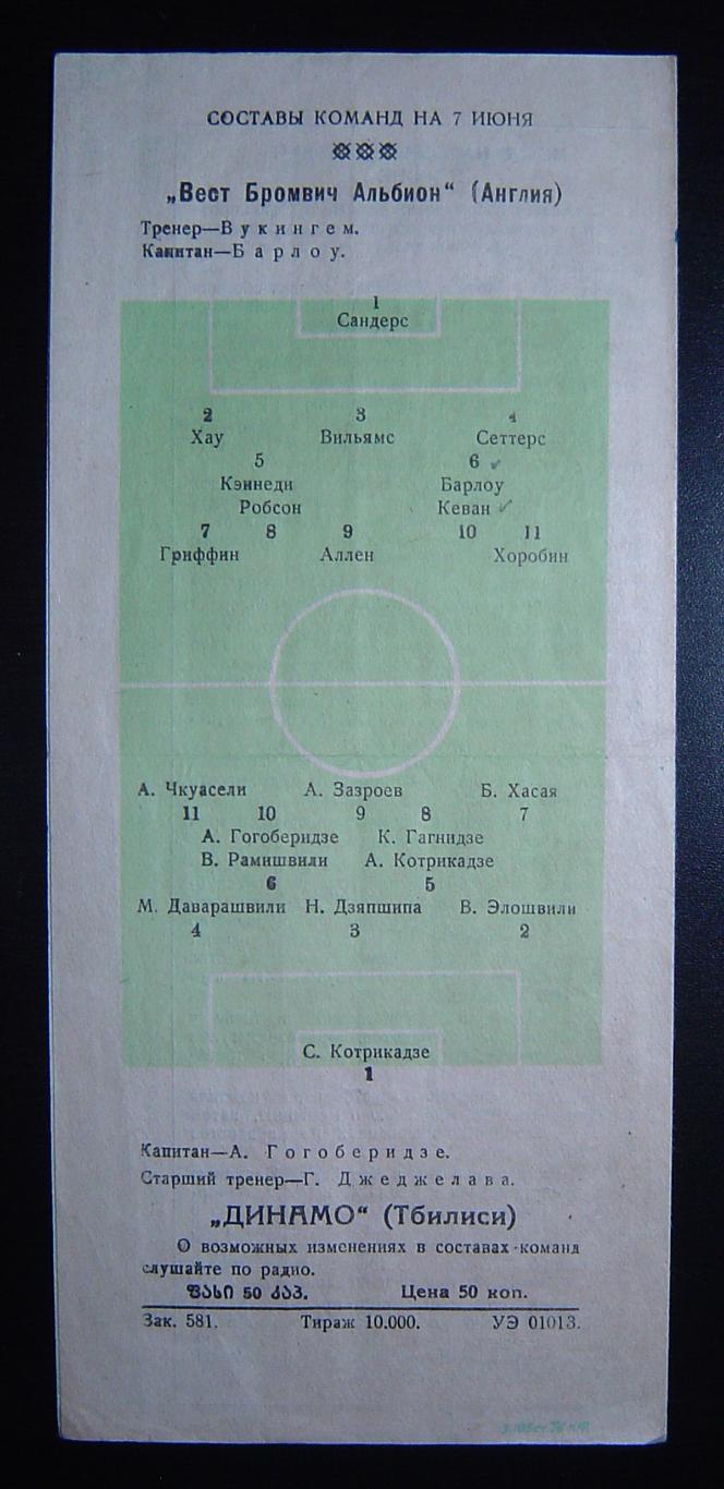 Динамо Тбилиси -Вест Бромвич Альбион(Англия). 1957г 2