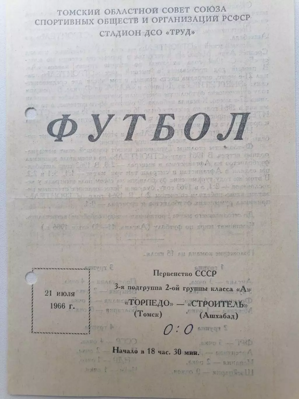 Программка к футбольному матчу Торпедо Томск – Строитель Ашхабад 21.06.1966г. 1