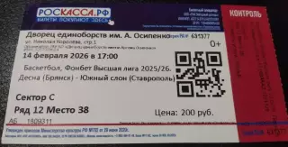 Баскетбол Десна Брянск - Южный слон (Ставрополь) 2026 (билет)