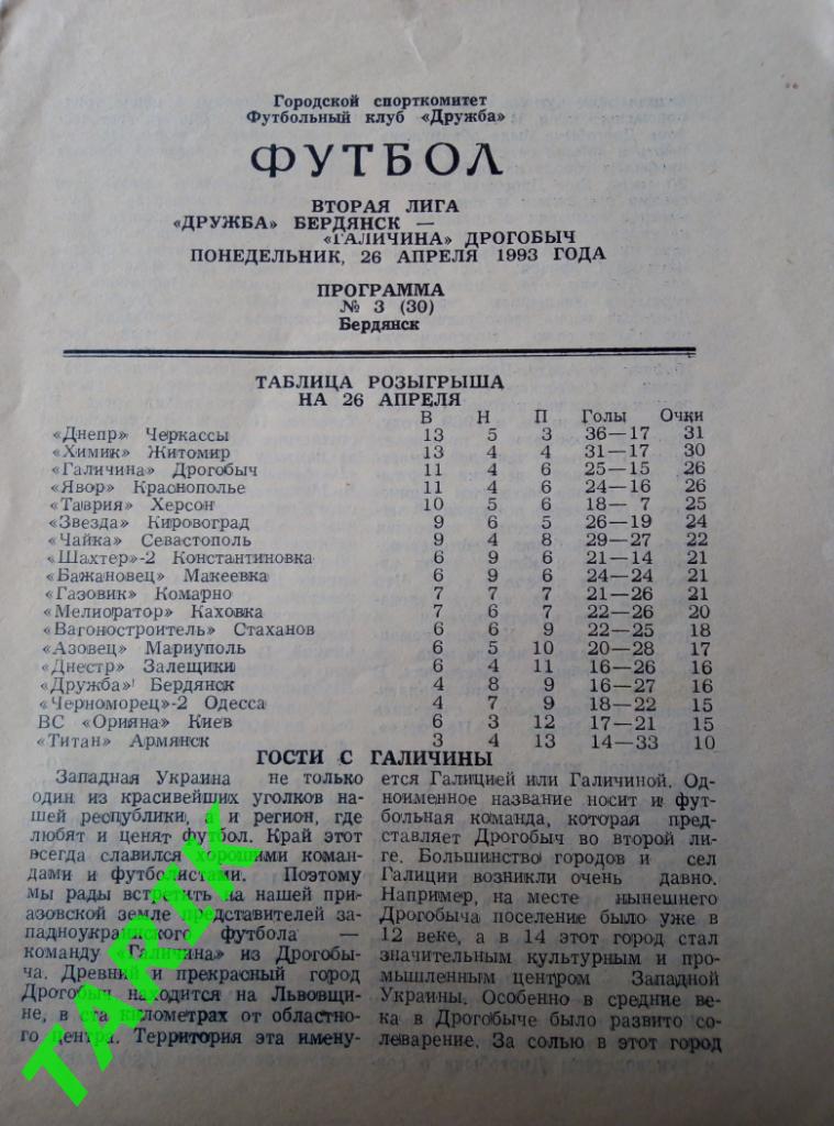 Дружба Бердянск - Галычина Дрогобыч 26.04.1993