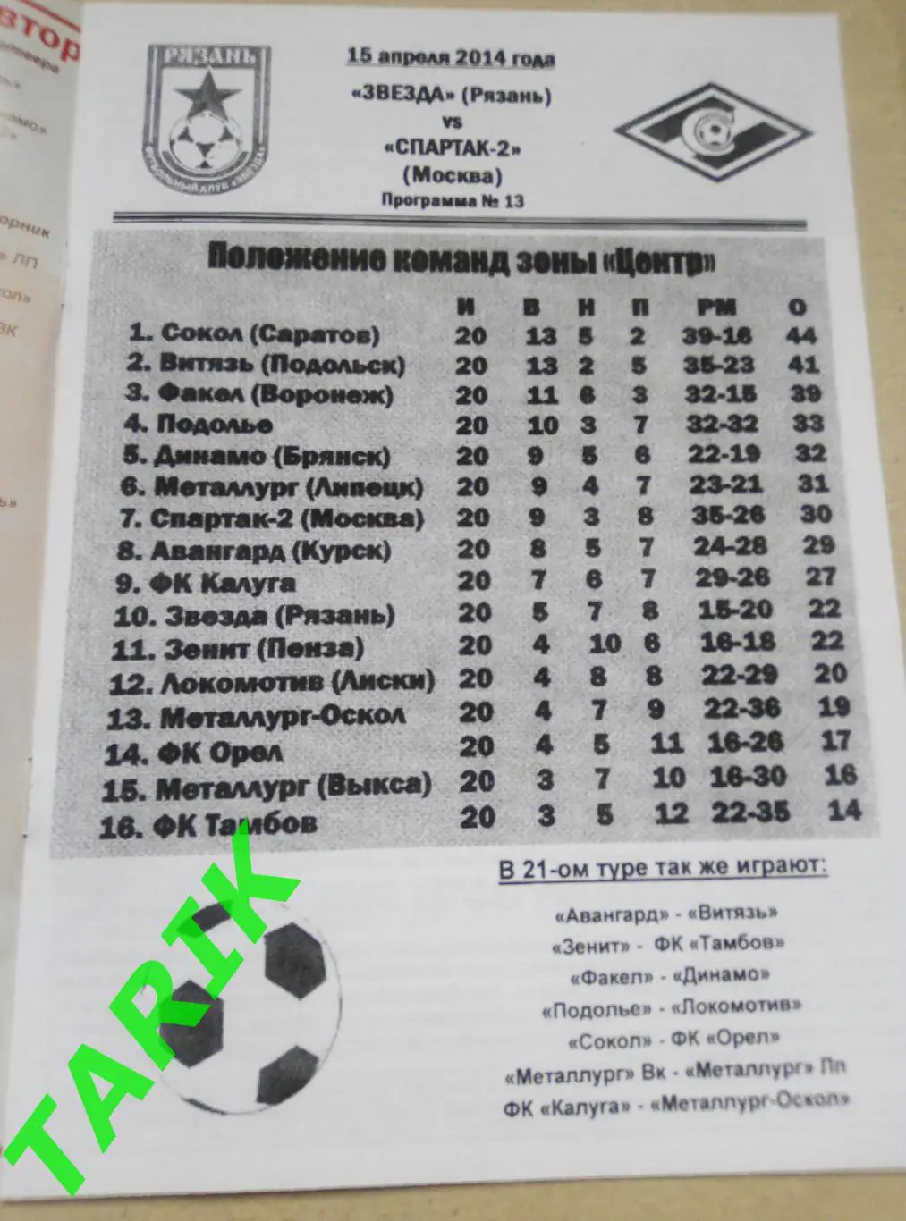 Звезда Рязань :Спартак 2 Москва 15.04.2014