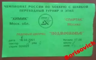 Билет Химик Воскресенск - Спартак Москва 17-03-2001