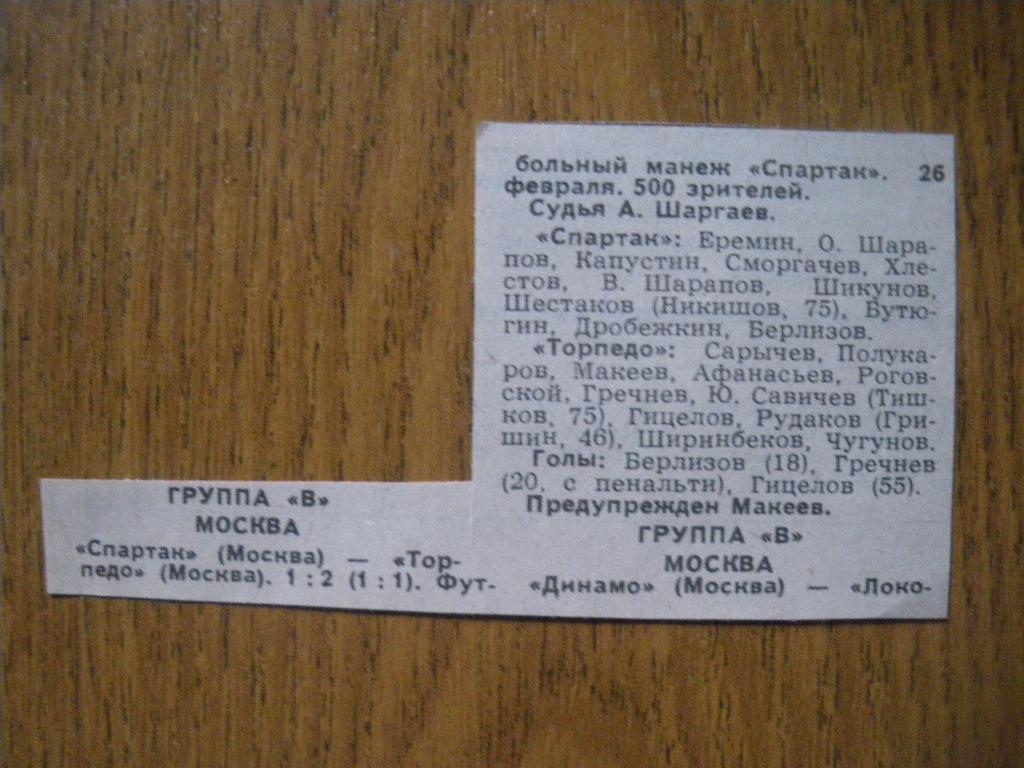 Спартак Москва - Торпедо Москва 26-02-1989 Кубок Лиги группа В Статистика матча