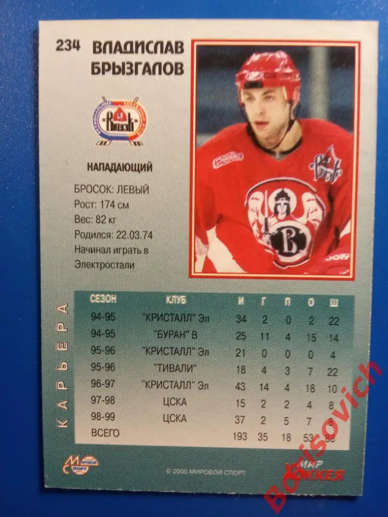 Владислав Брызгалов Витязь Подольск Мировой спорт N 234 1999-2000 1