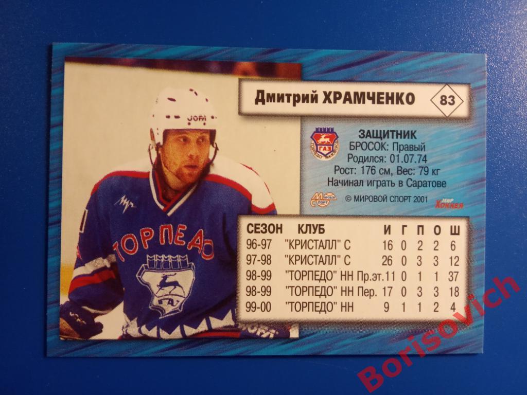 Дмитрий Храмченко Торпедо Нижний Новгород Российский хоккей Сезон 2000-2001 N 83 1