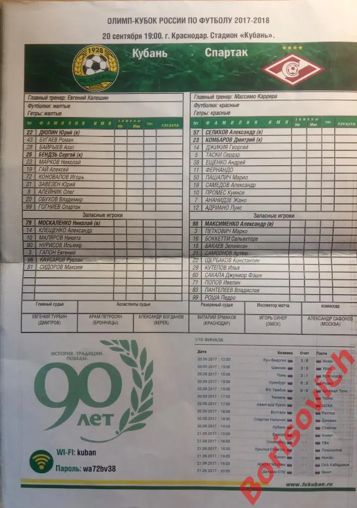 Протокол Кубань Краснодар - Спартак Москва 20-09-2017 Кубок России