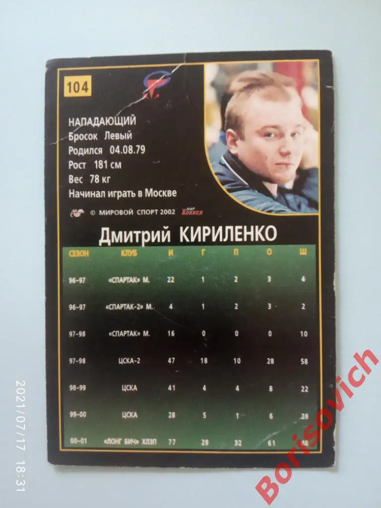 Дмитрий Кириленко Северсталь Спартак Российский хоккей Сезон 2001-2002 N 104 1