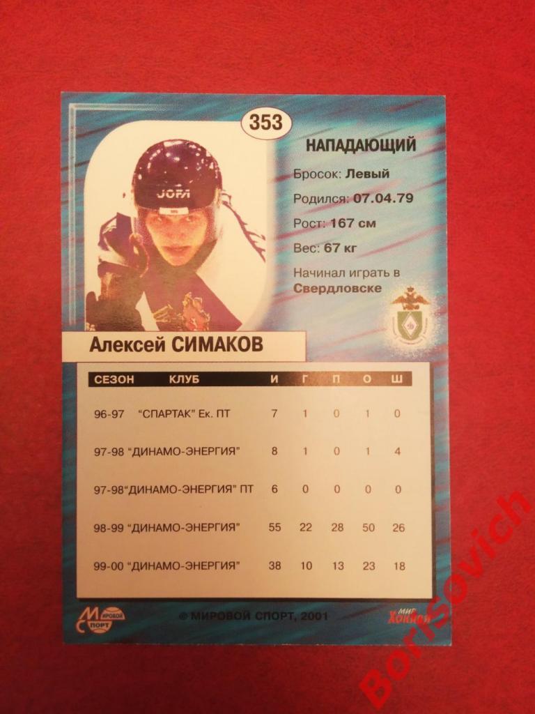 Алексей Симаков ХК Липецк Российский хоккей Сезон 2000-2001 N 353 1