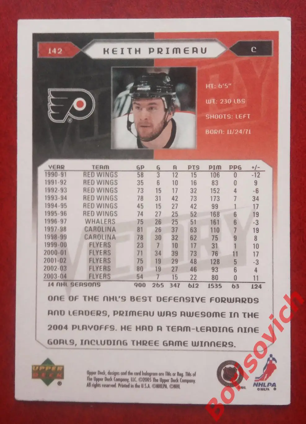 Карточка НХЛ / NHL Кейт Примо / Keith Primeau Филадельфия Флайерз N 142. 3 1