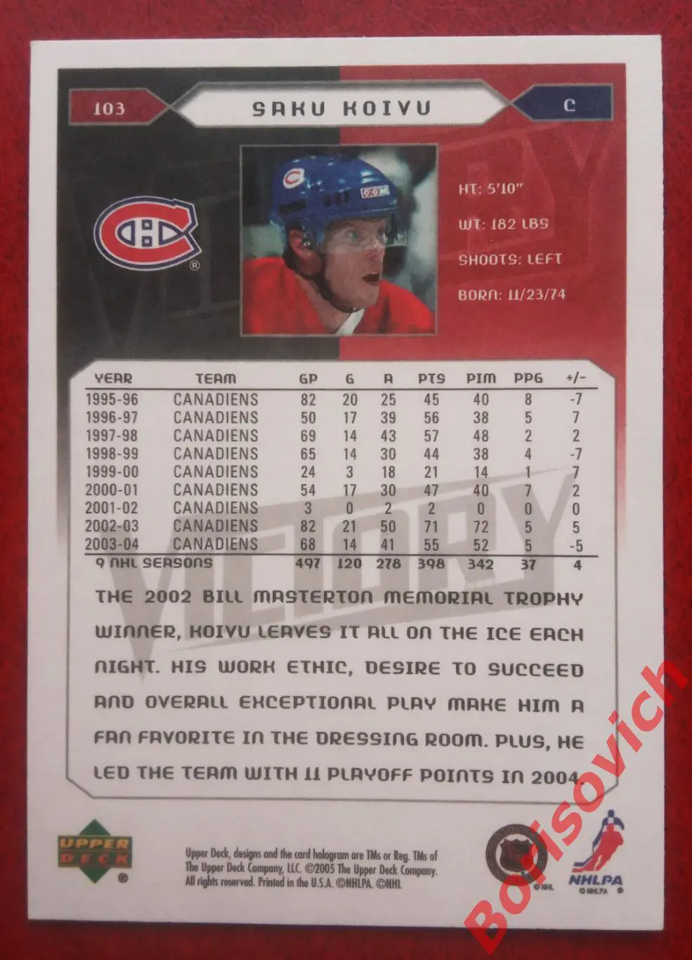 Карточка НХЛ / NHL Саку Койву / Saku Koivu Монреаль Канадиенс N 103 1