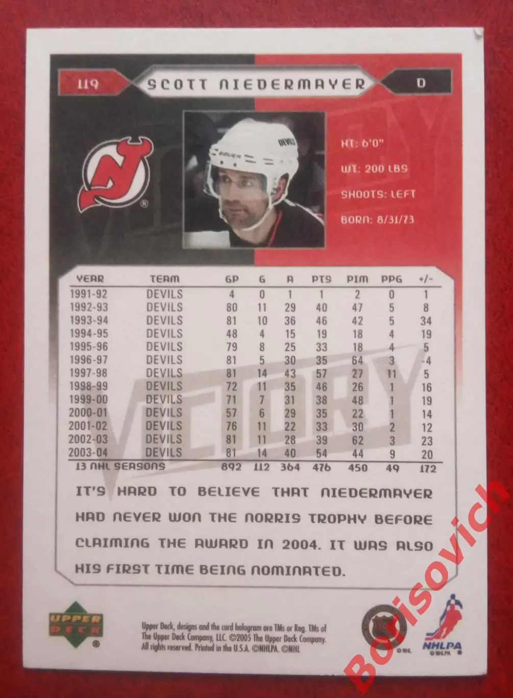Карточка НХЛ / NHL Скотт Нидермайер / Scott Niedermayer Нью-Джерси Дэвилз N 119 1