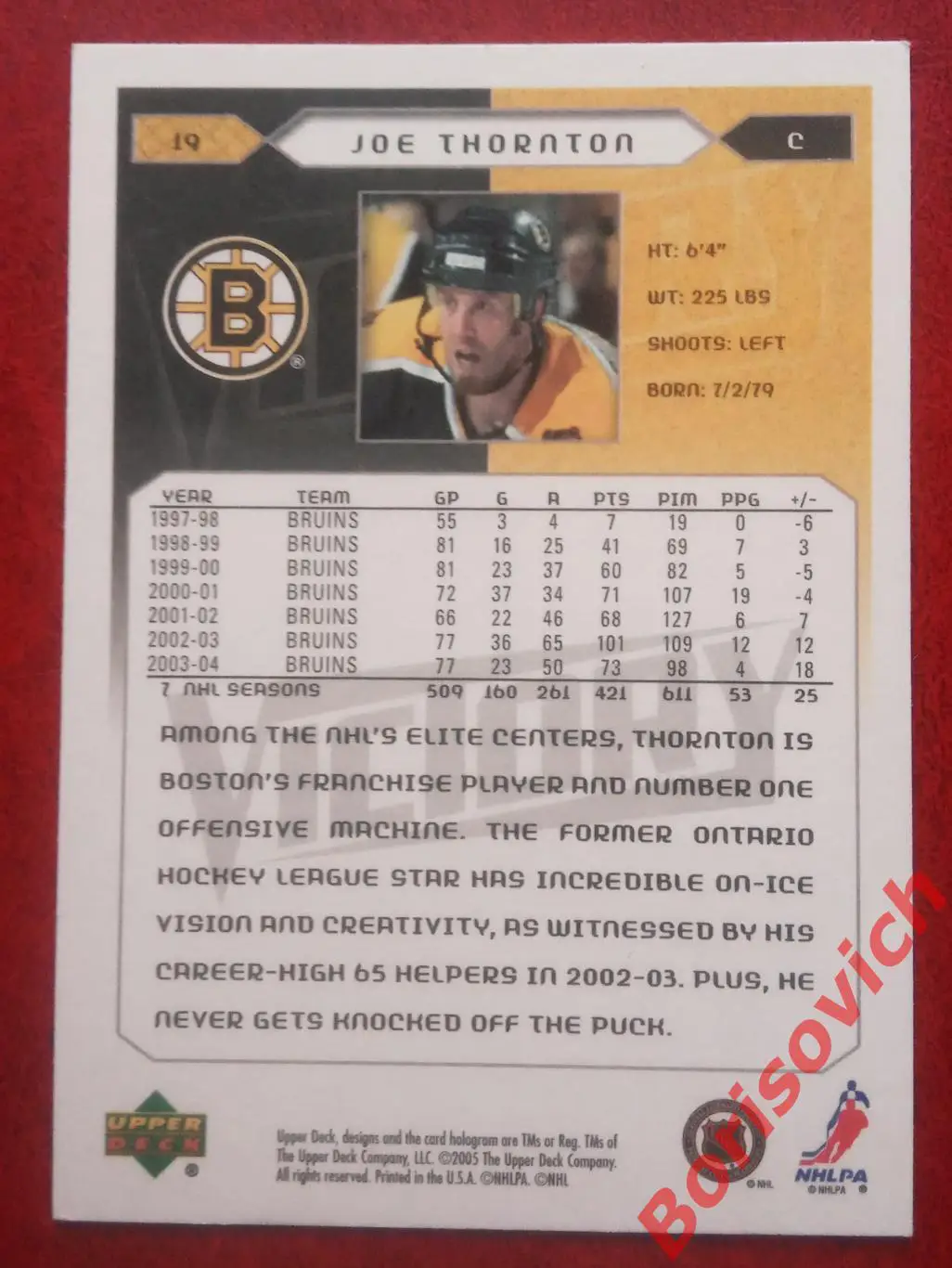 Карточка НХЛ / NHL Джо Торнтон / Joe Thornton Бостон Брюинз N 19 1