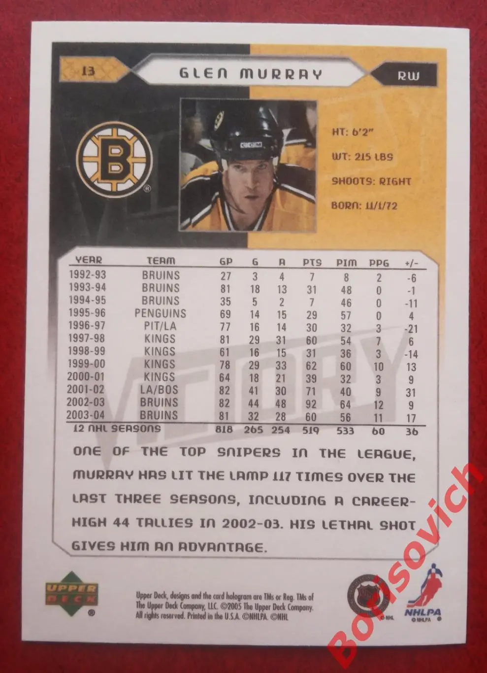 Карточка НХЛ / NHL Глен Мюррей / Glen Murray Бостон Брюинз N 13 1