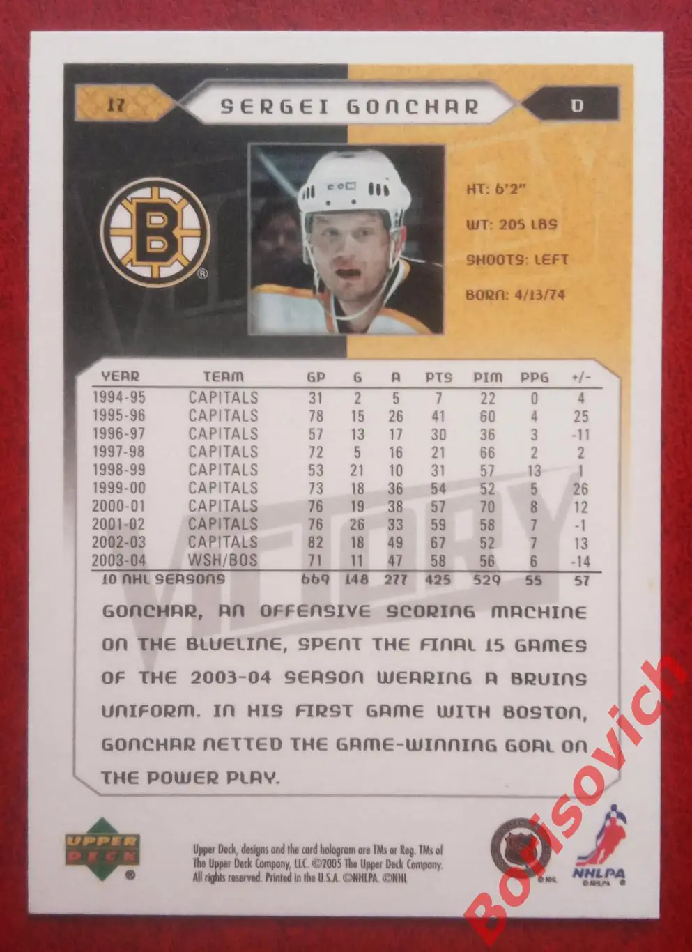 Карточка НХЛ / NHL Сергей Гончар / Sergei Gonchar Бостон Брюинз N 17 1