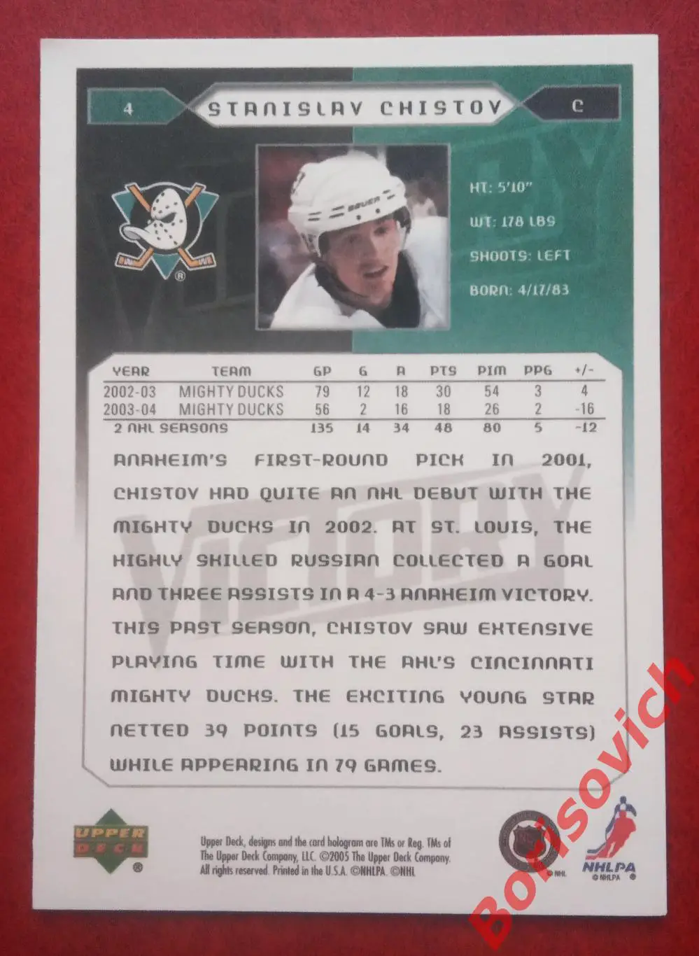 Карточка НХЛ / NHL Станислав Чистов / Stanislav Chistov Анахайм Майти Дакс N 4. 1