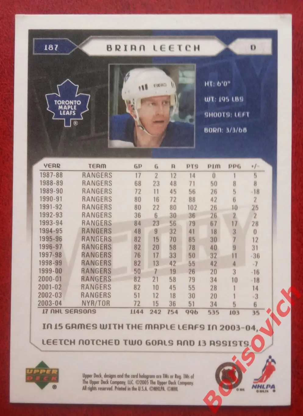 Карточка НХЛ / NHL Брайан Лич / Brian Leetch Торонто Мэйпл Лифс N 187 1