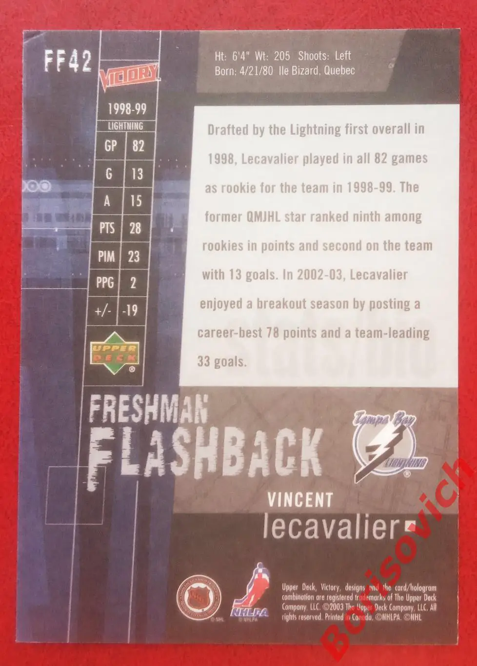 Карточка НХЛ / NHL Винсент Лекавалье / Vincent Lecavalier Тампа Бэй Лайтинг FF42 1