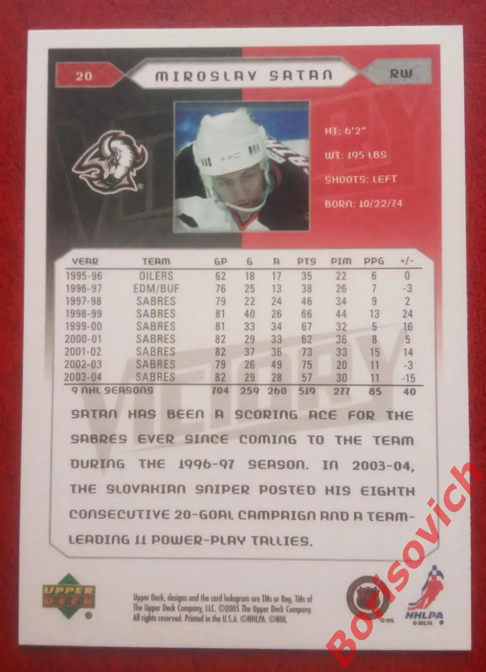 Карточка НХЛ / NHL Мирослав Шатан / Miroslav Satan Сэйбрс N 20 1