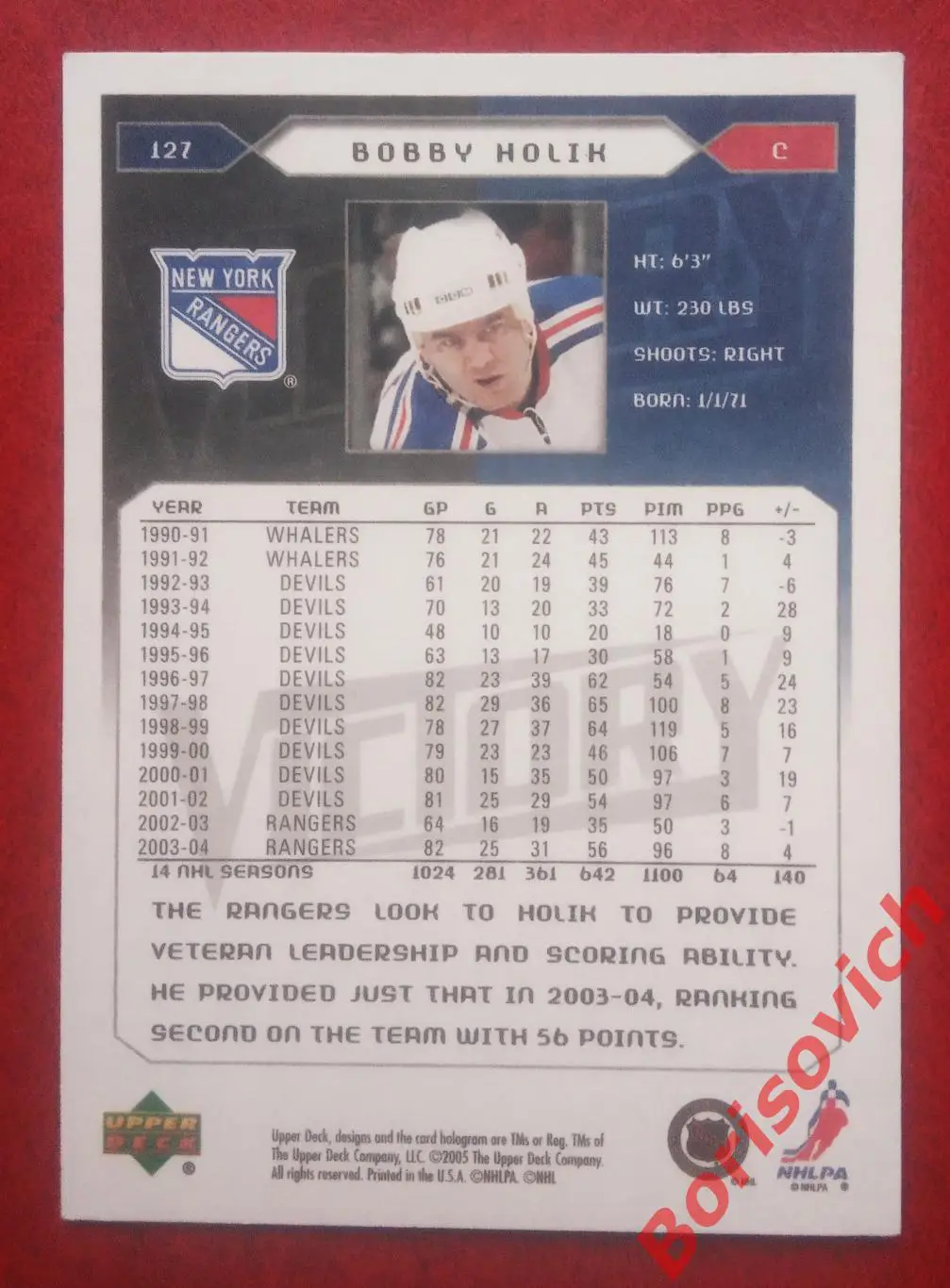 Карточка НХЛ / NHL Бобби Холик / Bobby Holik Нью Йорк Рейнджерс N 127 1