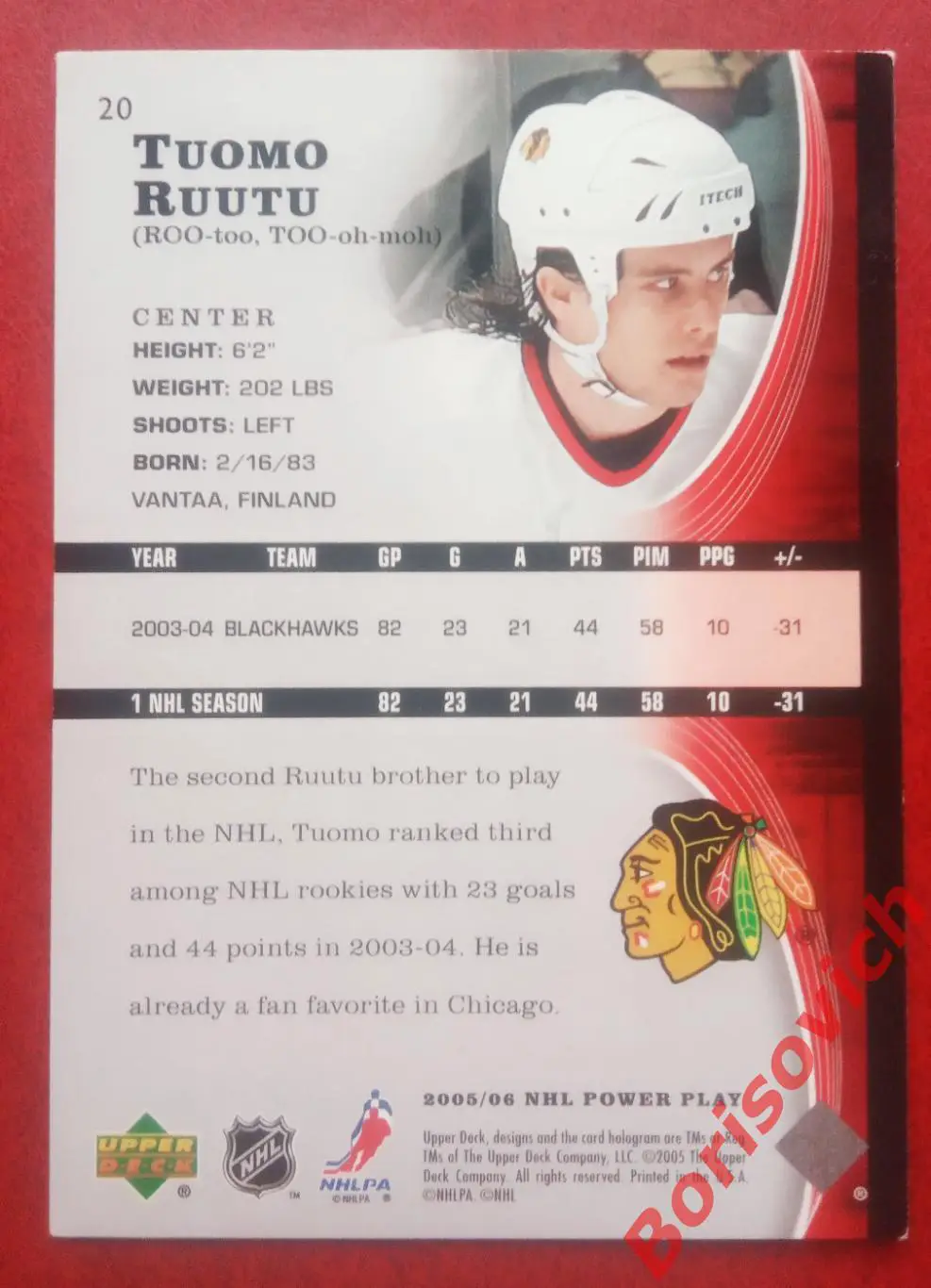Карточка НХЛ / NHL Туомо Рууту / Tuomo Ruutu Чикаго Блэк Хоукс N 20 1