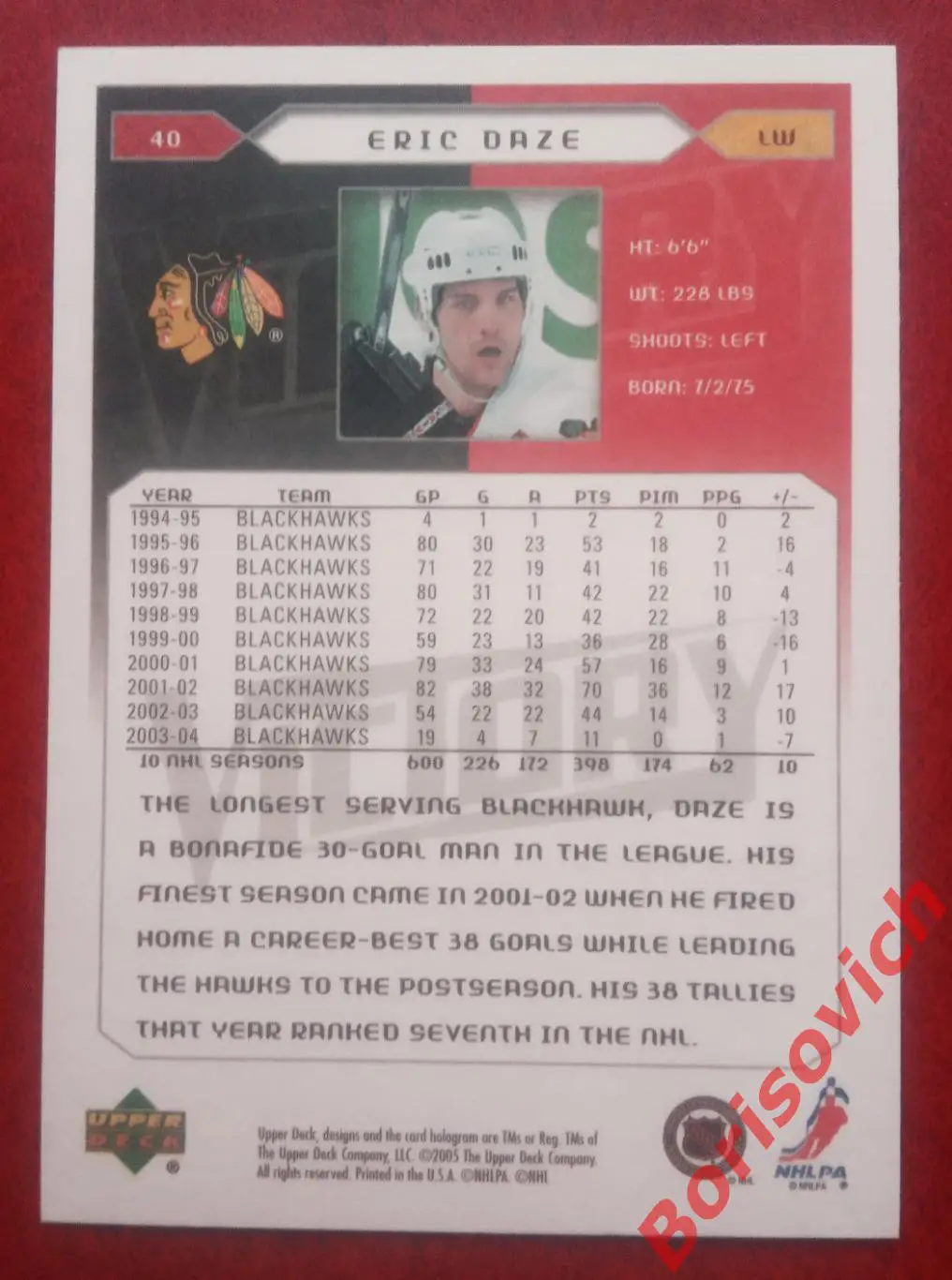 Карточка НХЛ / NHL Эрик Дазе / Eric Daze Чикаго Блэк Хоукс N 40 1
