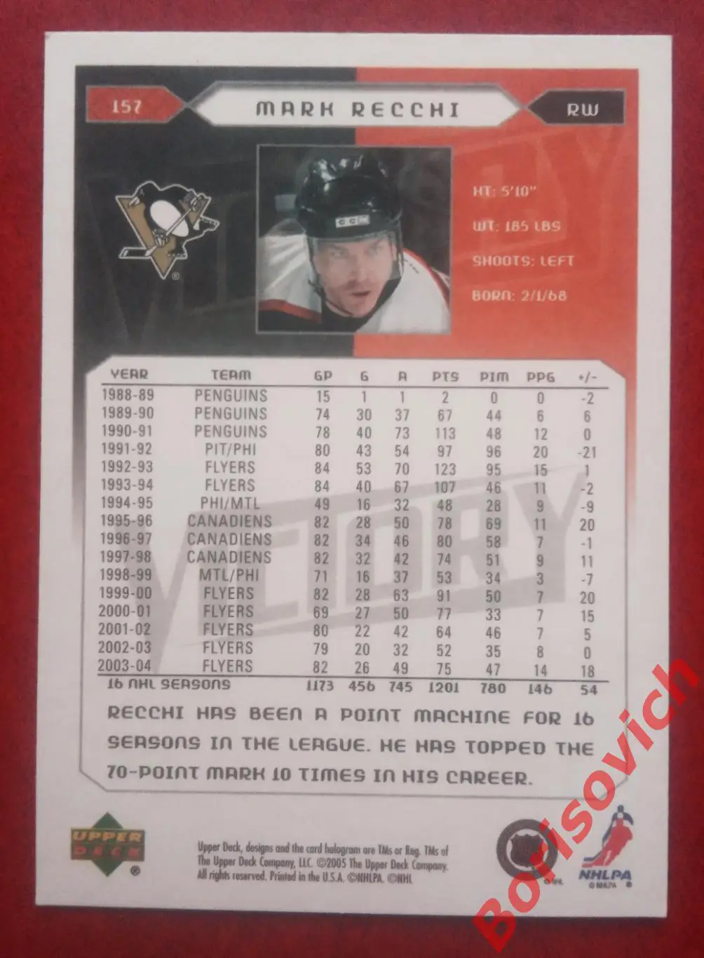 Карточка НХЛ / NHL Марк Риччи / Mark Recchi Питтсбург Пингвинс N 157 1
