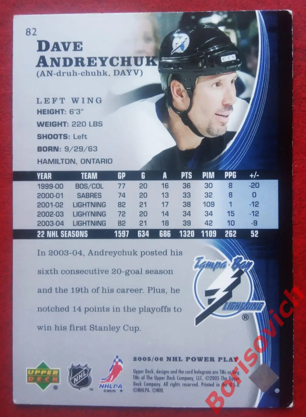 Карточка НХЛ / NHL Дэйв Андрейчук / Dave AndreychukТампа Бэй Лайтинг N 82 1