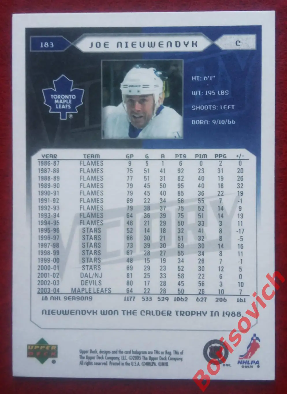 Карточка НХЛ / NHL Джо Нуиндайк / Joe Nieuwendyk Торонто Мэйпл Лифс N 183. 1