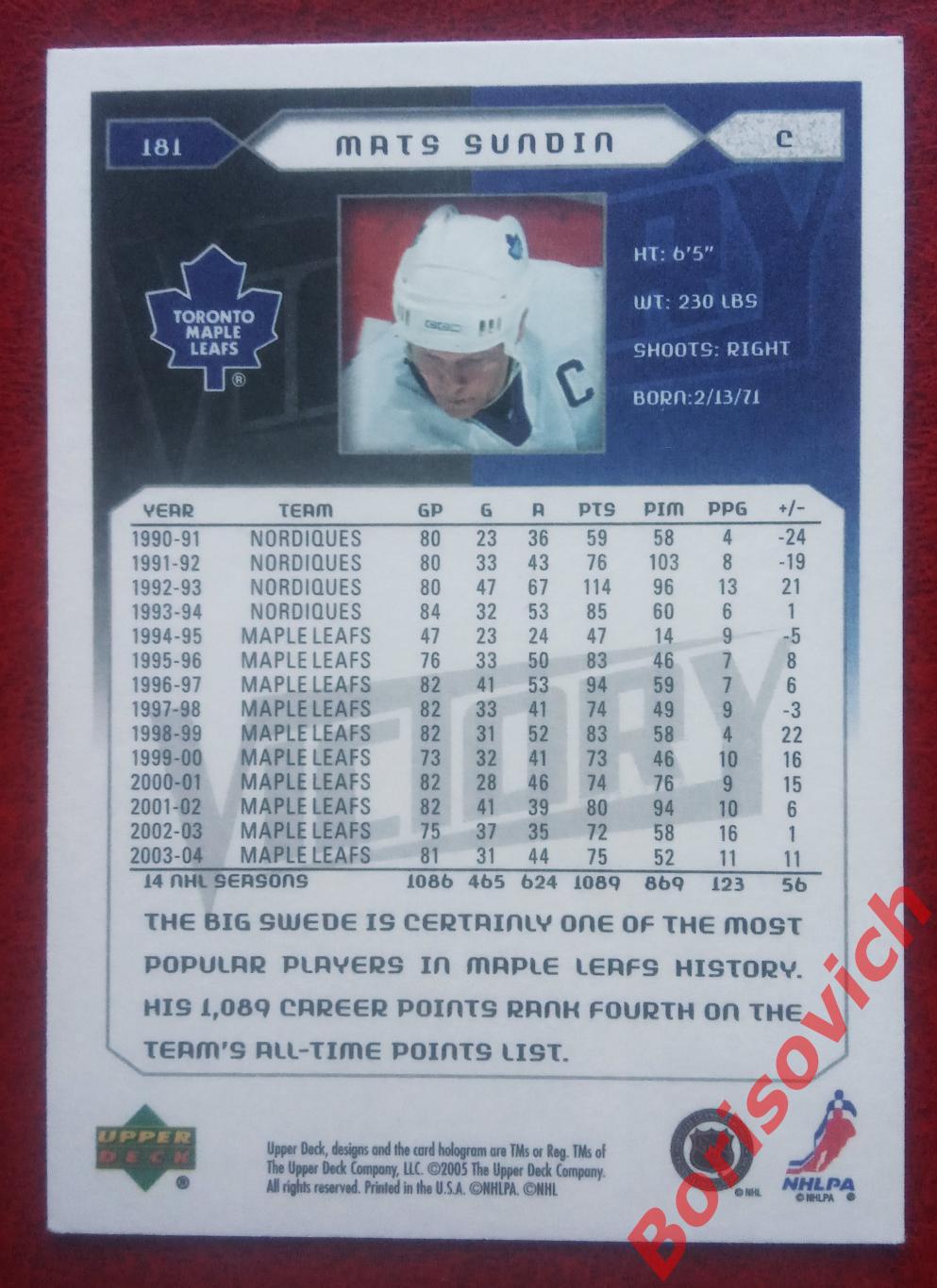 Карточка НХЛ / NHL Матс Сундин / Mats Sundin Торонто Мэйпл Лифс N 181 1