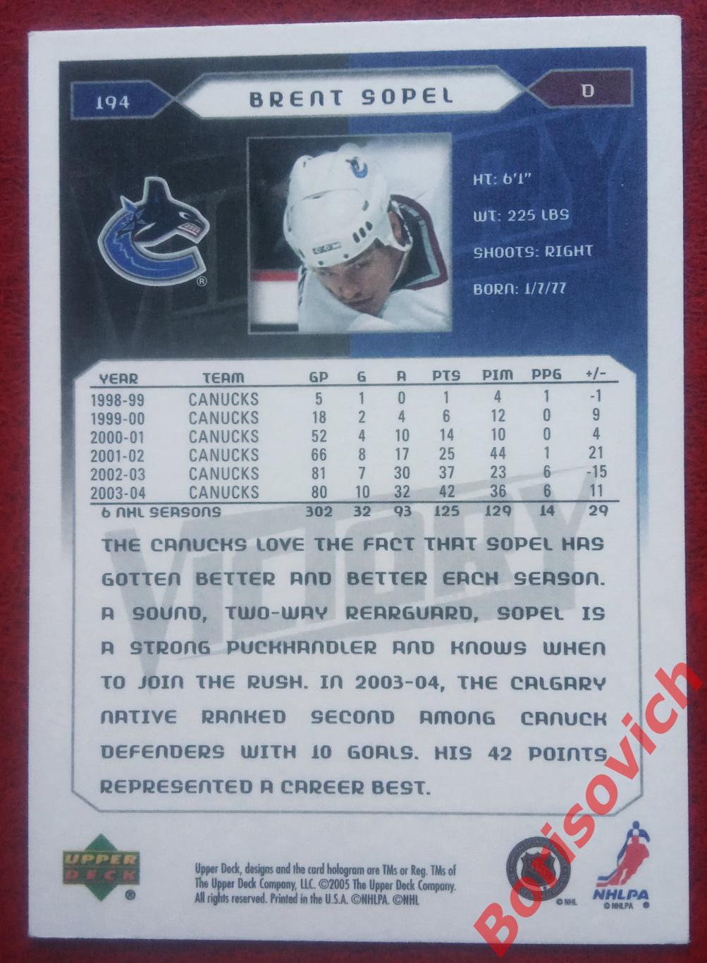Карточка НХЛ / NHL Брент Сопел / Brent Sopel Ванкувер Кэнакс N 194 1