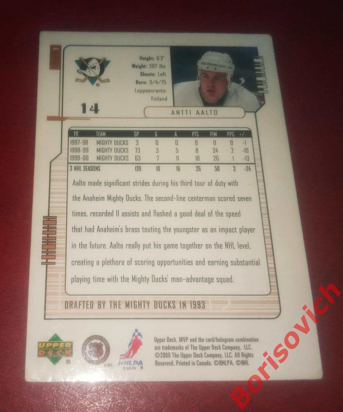 Карточка НХЛ / NHL Антти Аалто / Antti Aalto Анахайм Майти Дакс N 1 1