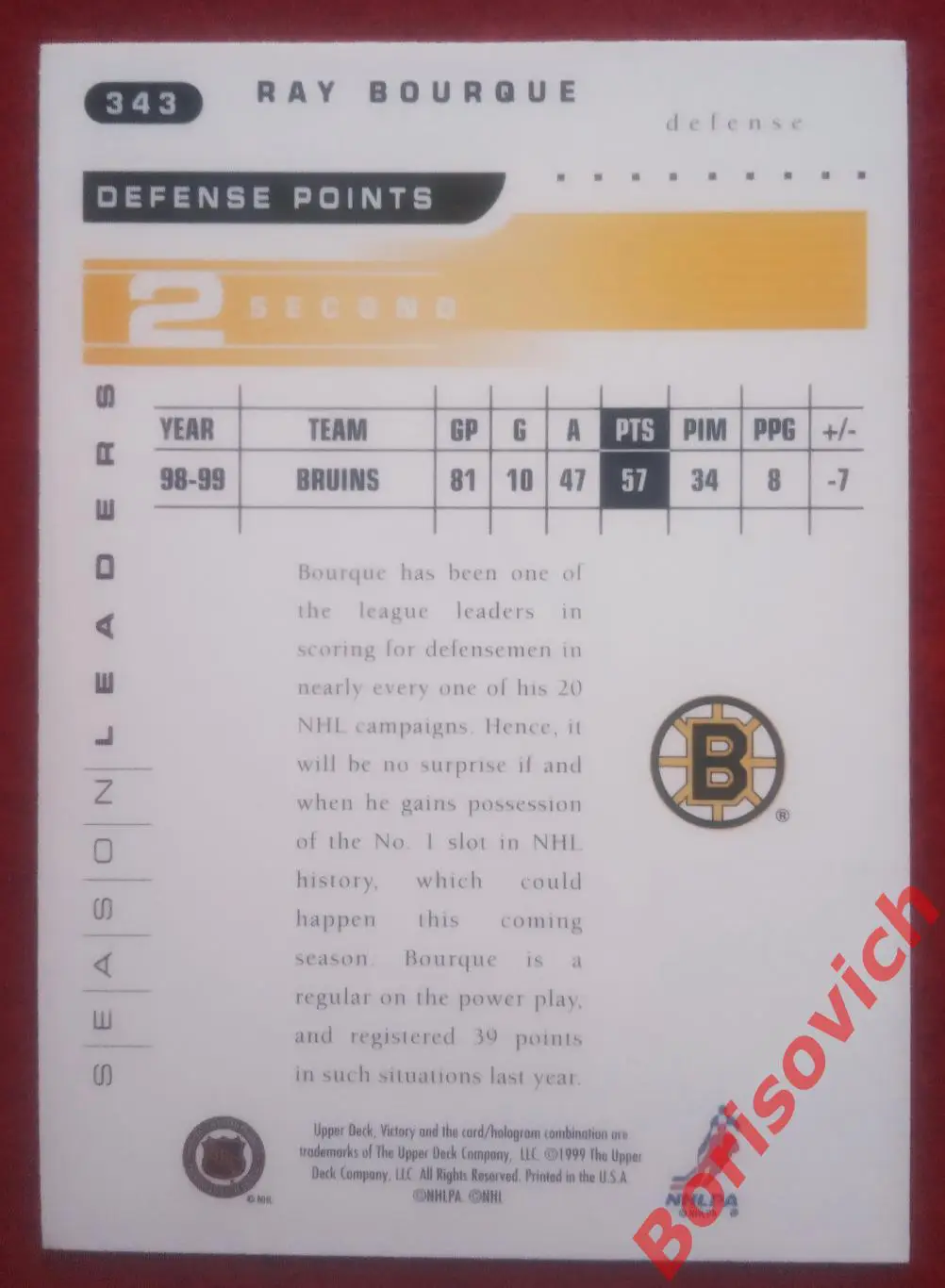 Карточка НХЛ / NHL Рэй Бурк / Ray Bourque Бостон Брюинз N 343 1