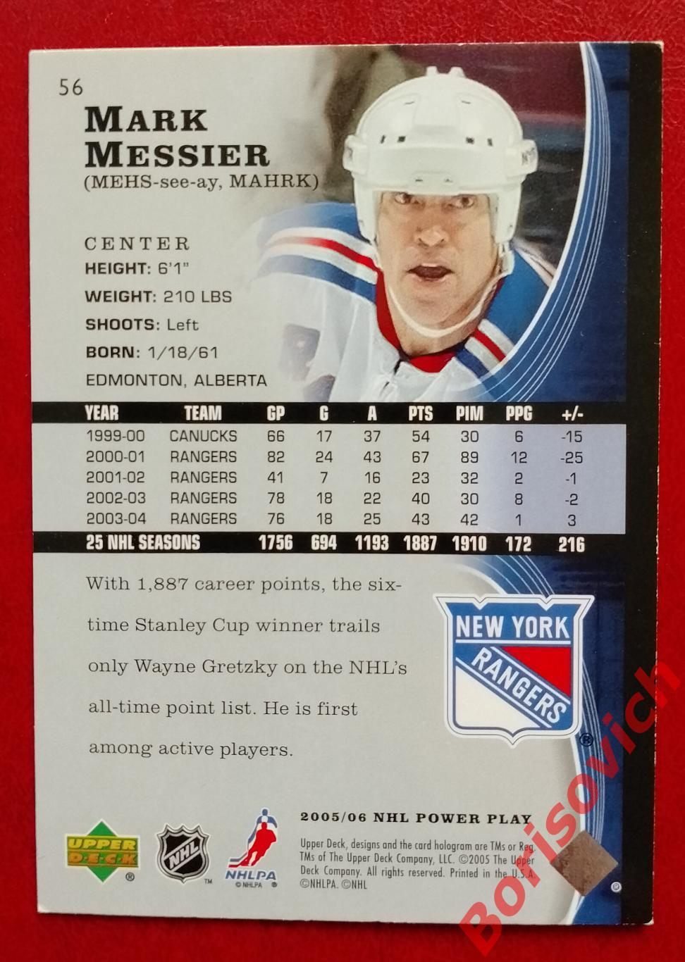 Карточка НХЛ / NHL Марк Месье / Mark Messier Нью-Йорк Рейнджерс N 56 1